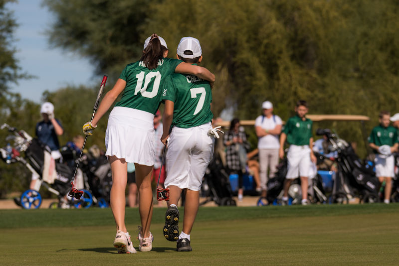 SCOTTSDALE, AZ - NOVEMBER 17:   Sydney Hidalgo (l) and North Chery (r) of Team Connecticut during the first session of the 2018 PGA Jr. League Championship presented by National Car Rental held at Grayhawk Golf Club in Scottsdale, Arizona on November 17, 2018. (Photo by Darren Carroll/PGA of America)